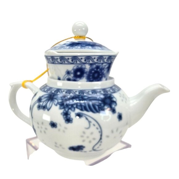 Vintage Blue & White Porcelain Teapot With Lid & Infuser Set Floral Motif JE318 - Picture 4 of 10